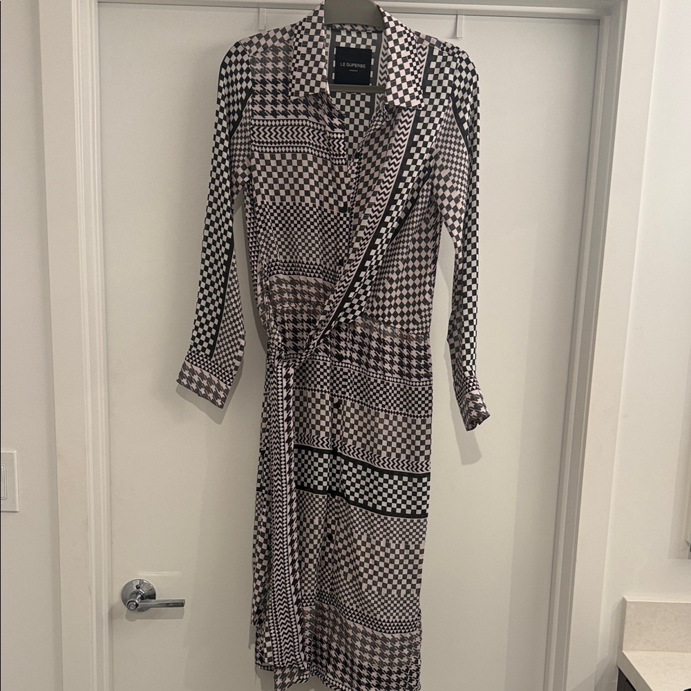 Elegant Le Superbe Black and White Checkered Wrap Dress